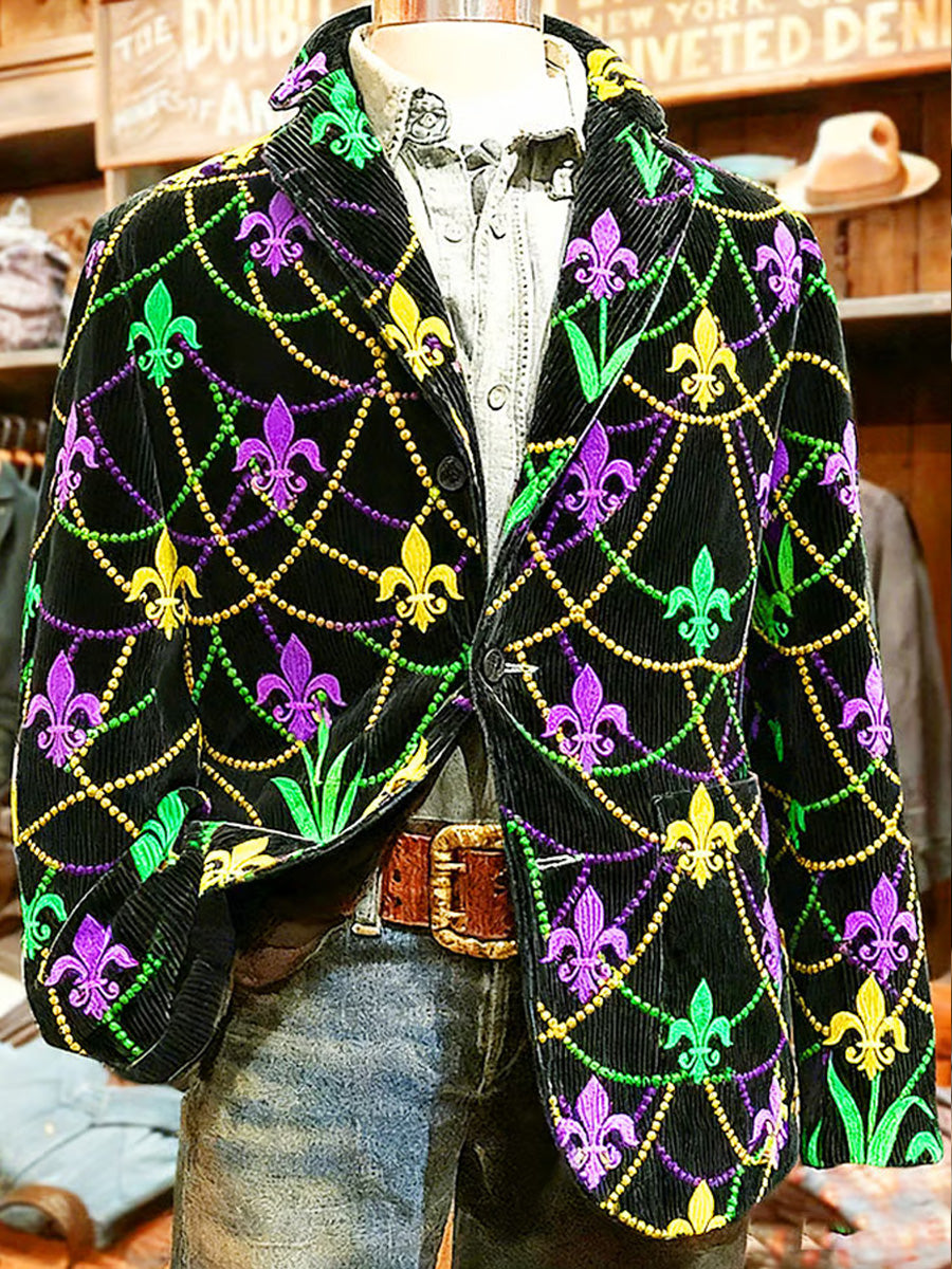 Men's Retro Mardi Gras Art Print Casual Corduroy Pocket Blazers
